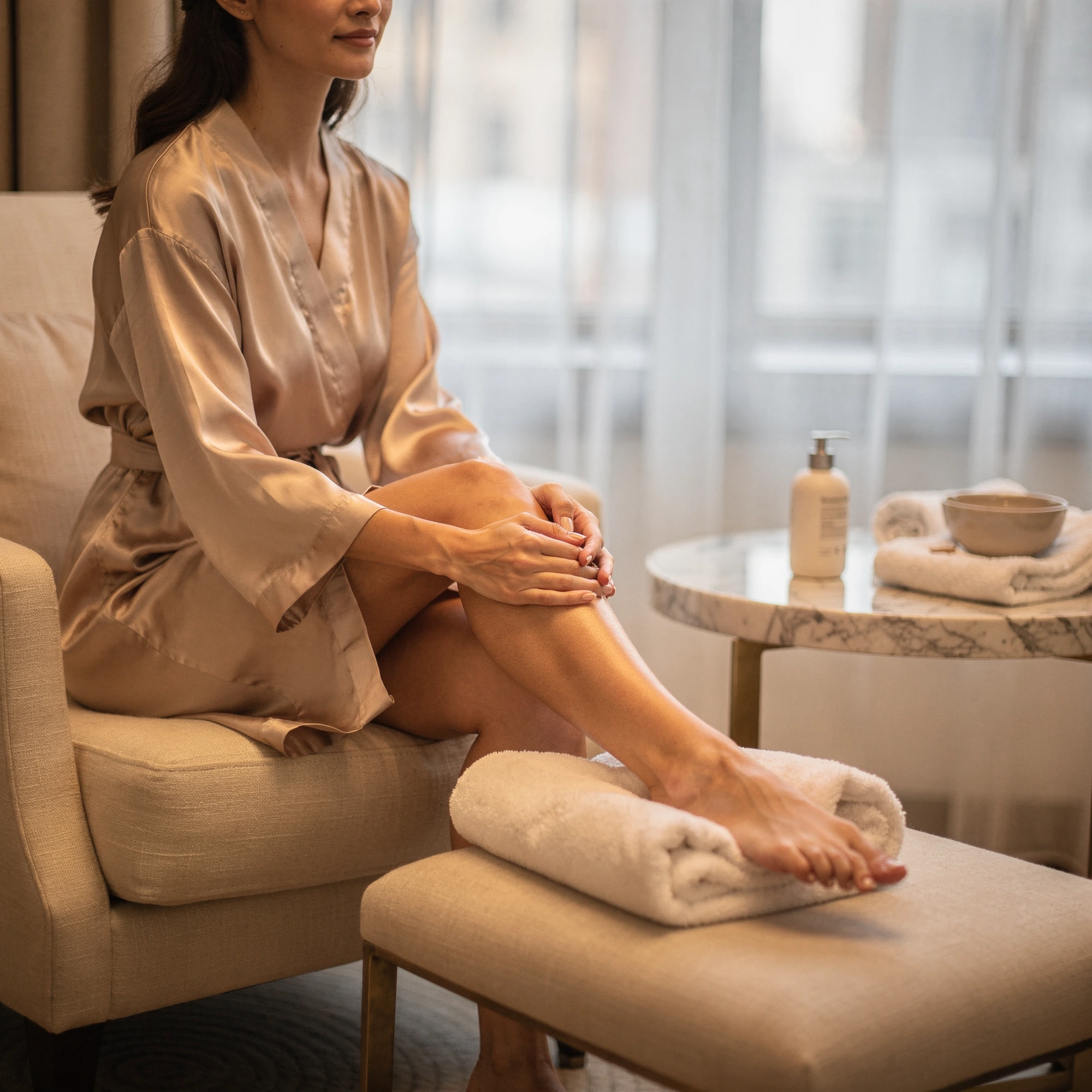 Woman in spa robe sitting on chair with feet resting on ottoman, applying moisturizer to her leg